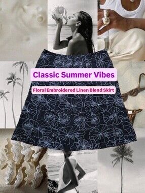 Jones New York Floral Embroidered Linen Blend Skirt - 4P Black White